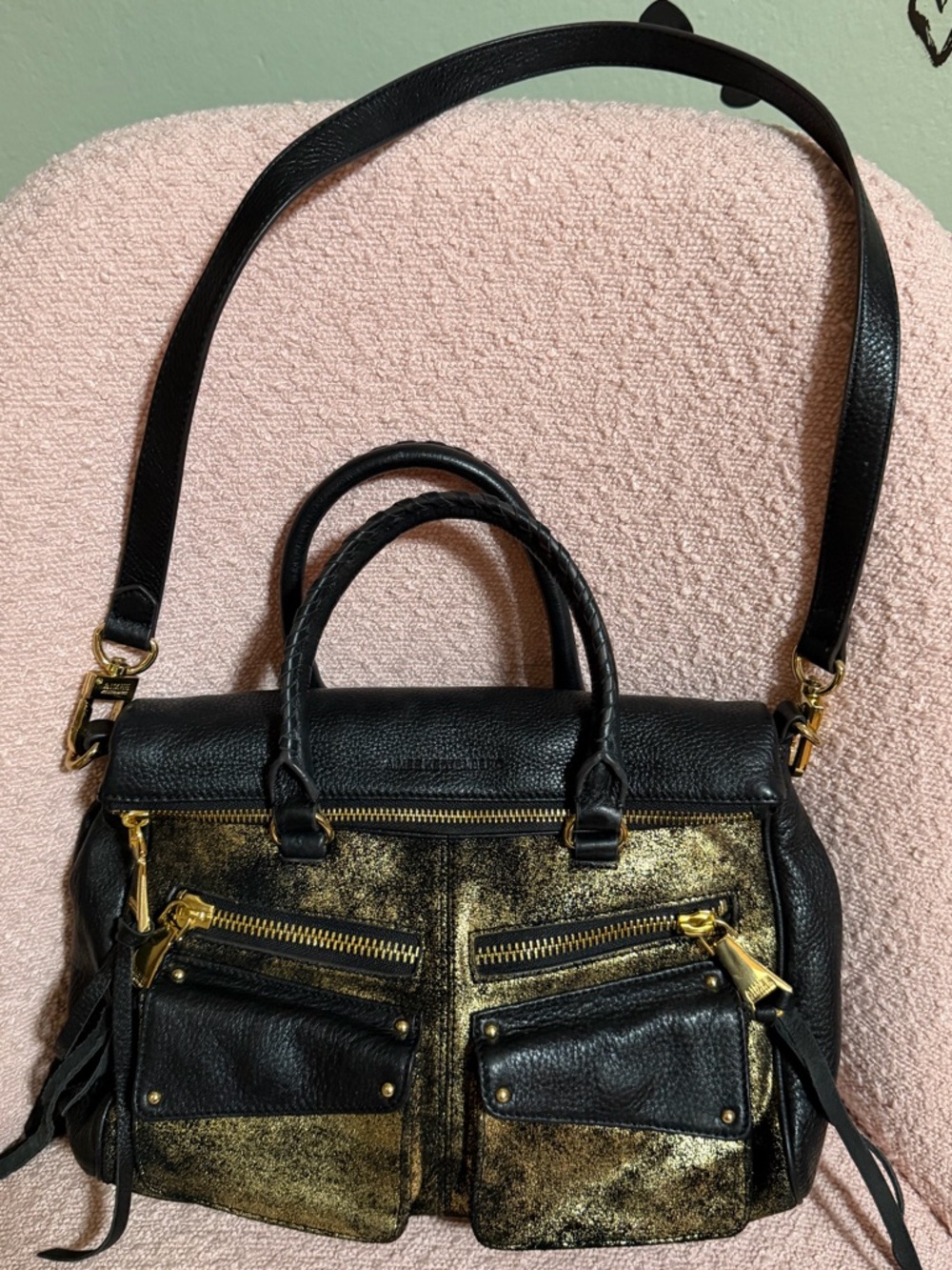 Aimee Kestenberg Black and Gold SoHo Foldover Satchel EUC